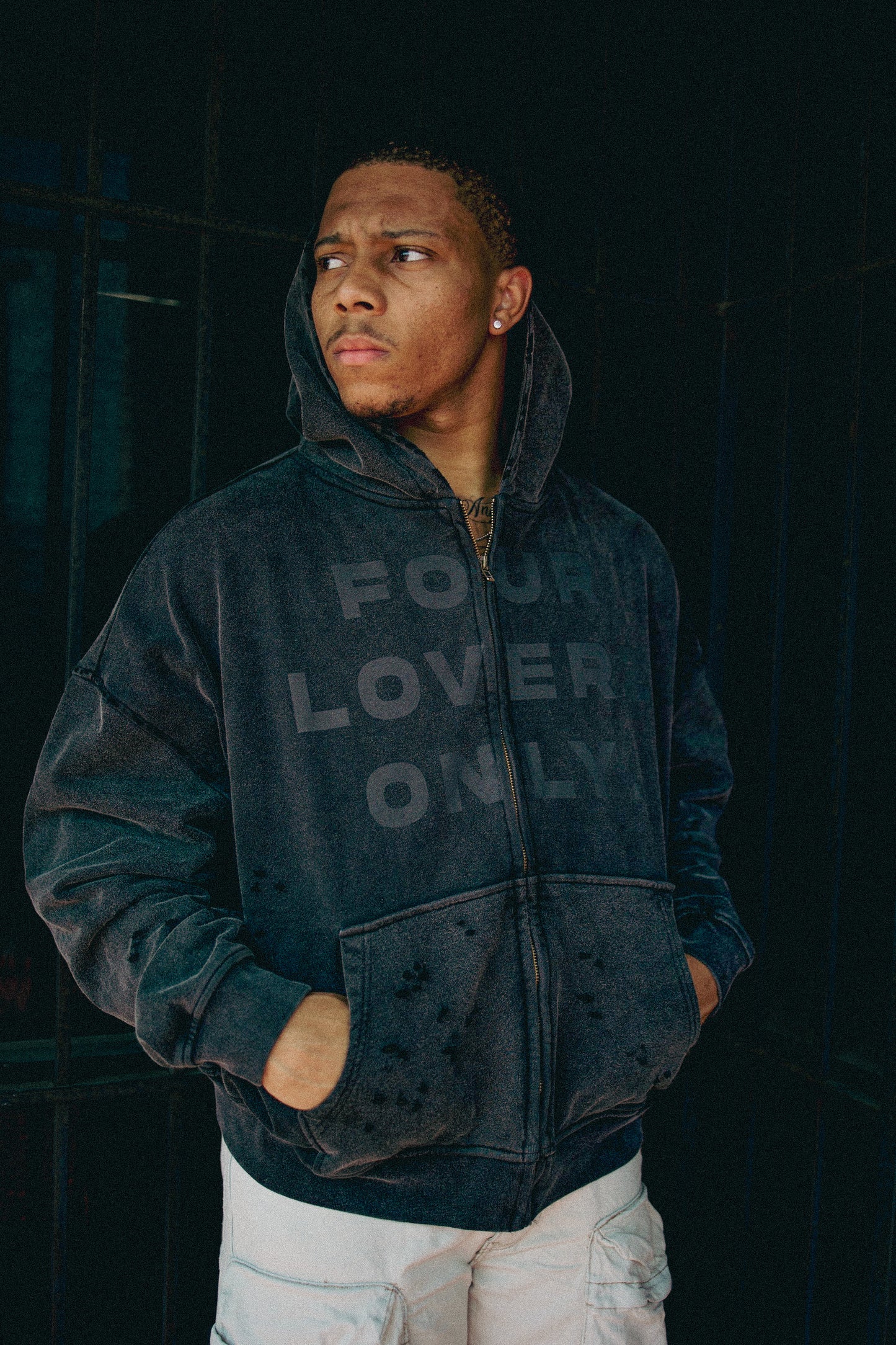 Black Four loverz Only Distressed zip up