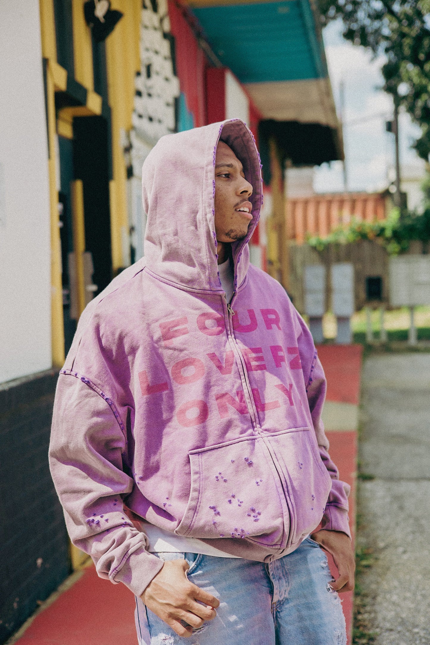 purple Four Loverz Only Distressed Zip up